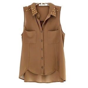 Chloe K Studded Button Up Army/Olive Green Top EUC